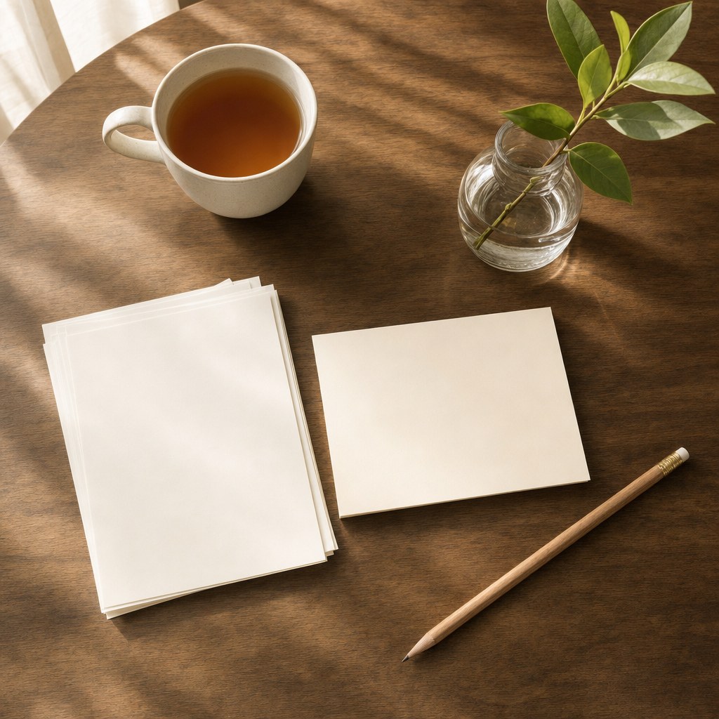 A blank card, stack of paper, pencil, tea, and green stem on a warm wooden desk