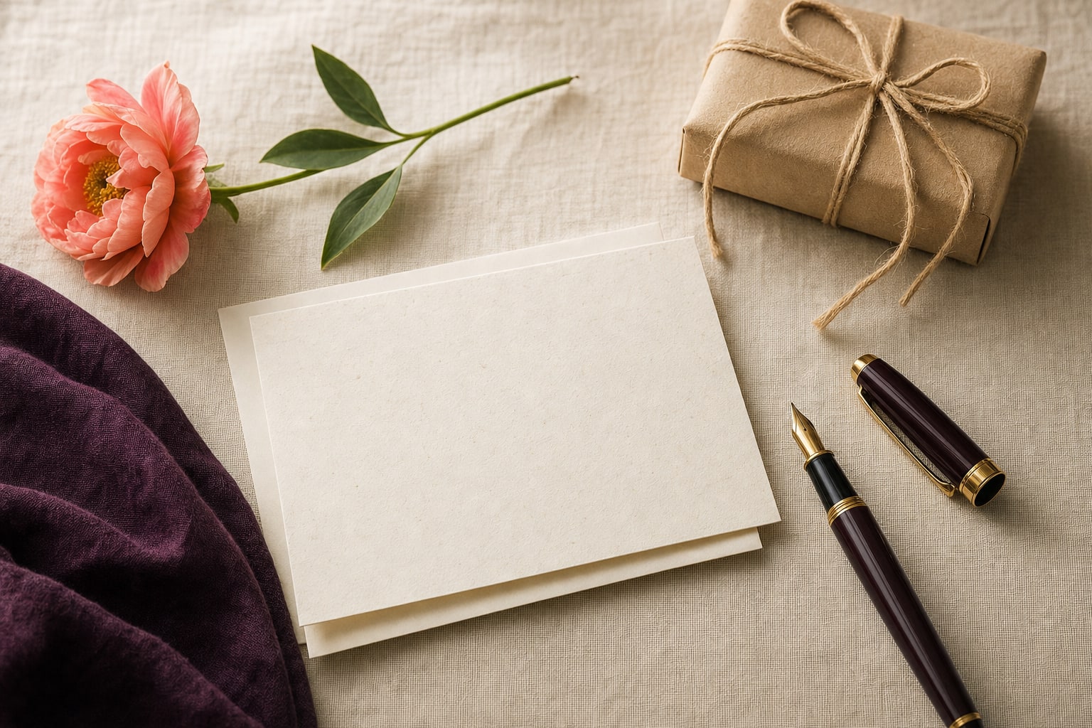 A handwritten thank-you card, fountain pen, and small wrapped gift on cream linen