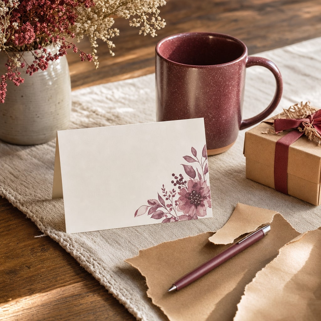 A folded thank-you card, ceramic mug, small gift, and kraft paper on a warm table