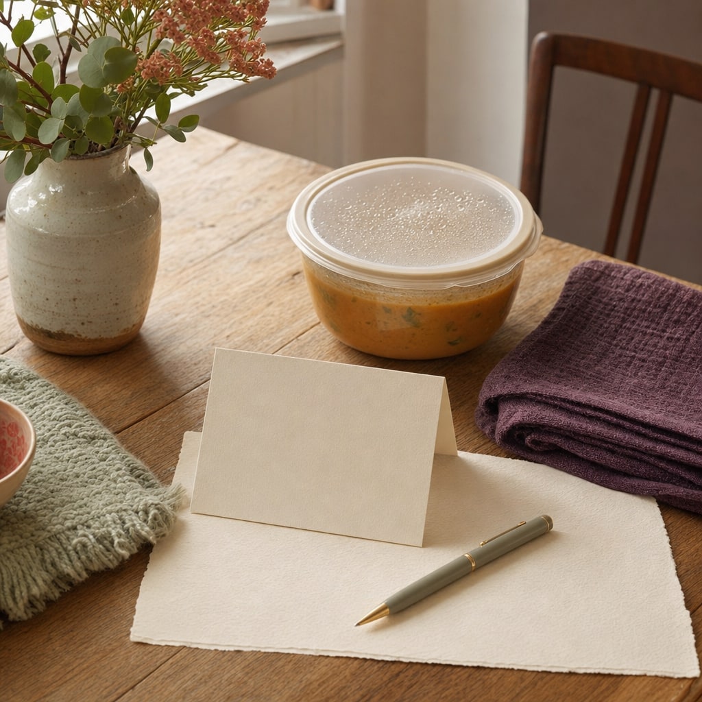 A thank-you card, container of soup, tea towel, and pen on a cream kitchen table