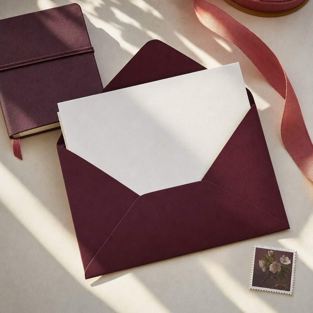A finished thank-you card slipping into a plum envelope with ribbon and a stamp nearby