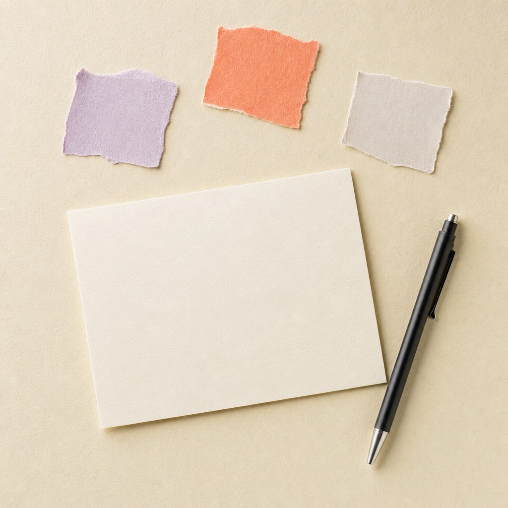 A blank card, simple pen, and small note scraps arranged on a warm desk