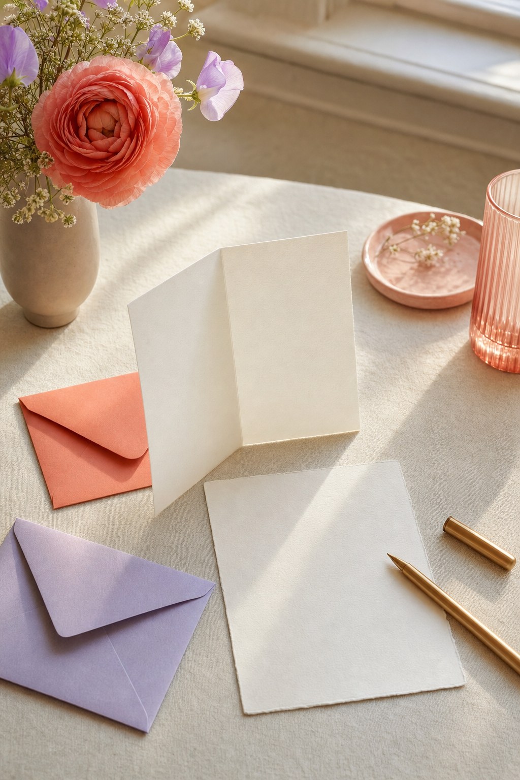 An open blank card, handwritten note paper, and colorful envelopes on a cream table