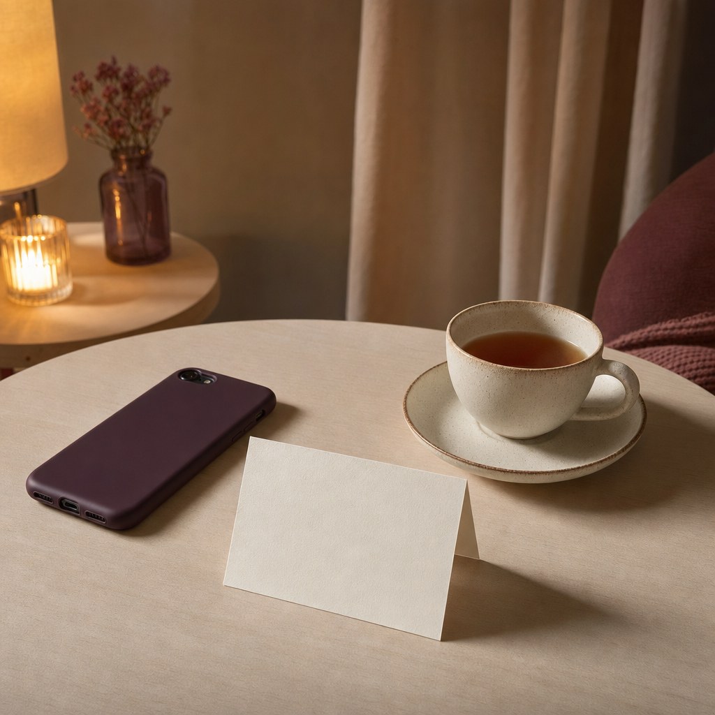 A face-down phone, folded blank card, and cup of tea in gentle evening light