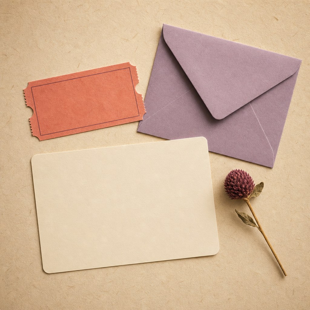 A blank card, ticket stub, lilac envelope, and dried flower on a textured desk