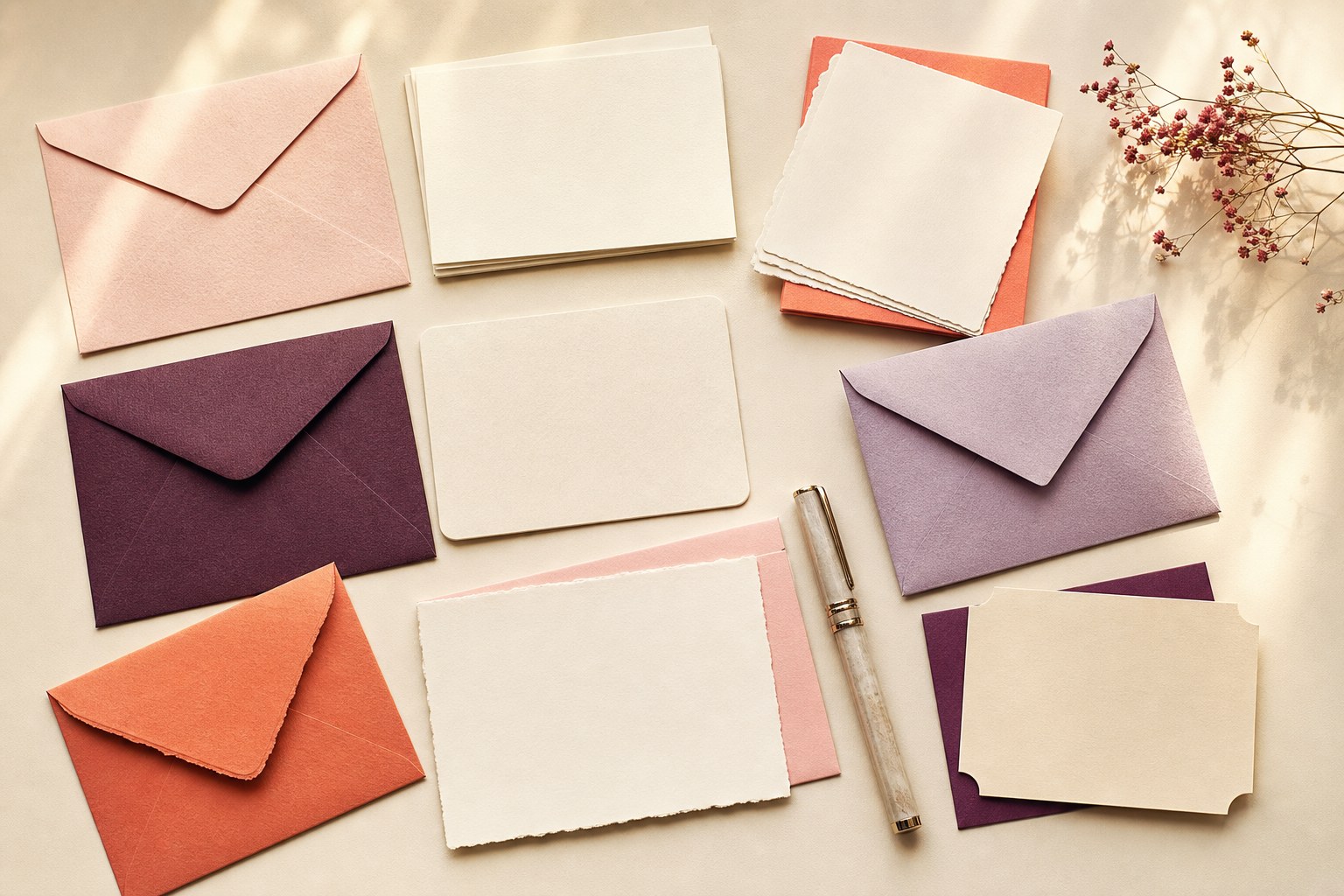 A collection of textured blank note cards on a warm table