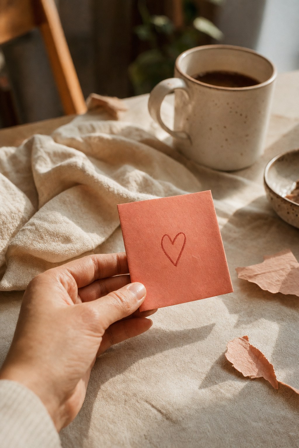 A hand holding a folded coral note with a heart