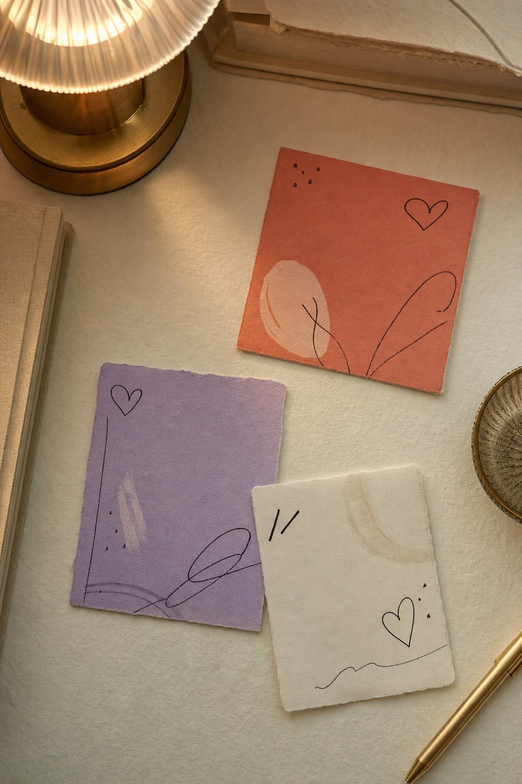 Three small textured notes in coral, lilac, and ivory