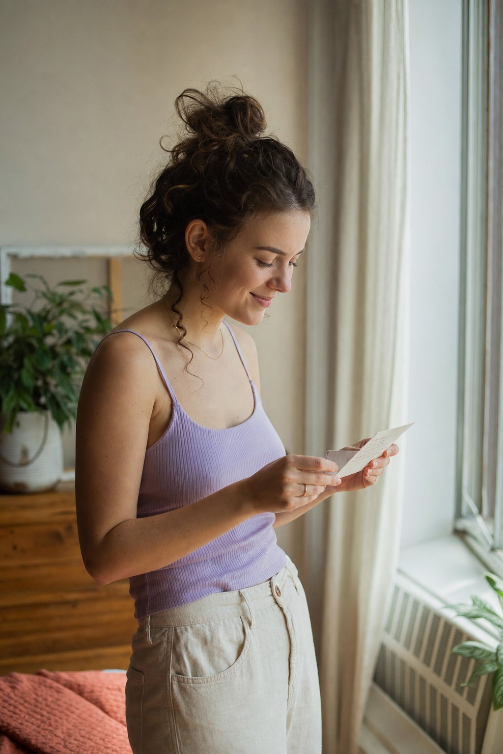 A person smiling softly after reading a note