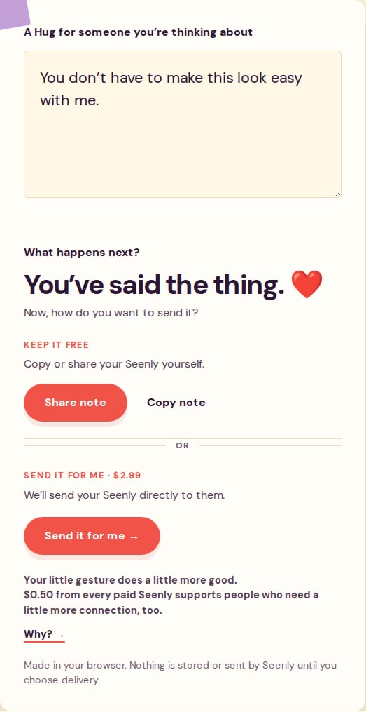 The Seenly note maker showing a thoughtful note and options to share or send it