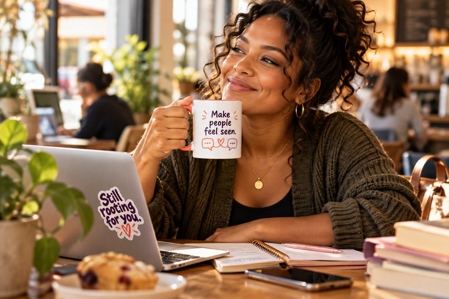 A woman in a café holding a Make people feel seen mug beside a notebook and sticker-covered laptop