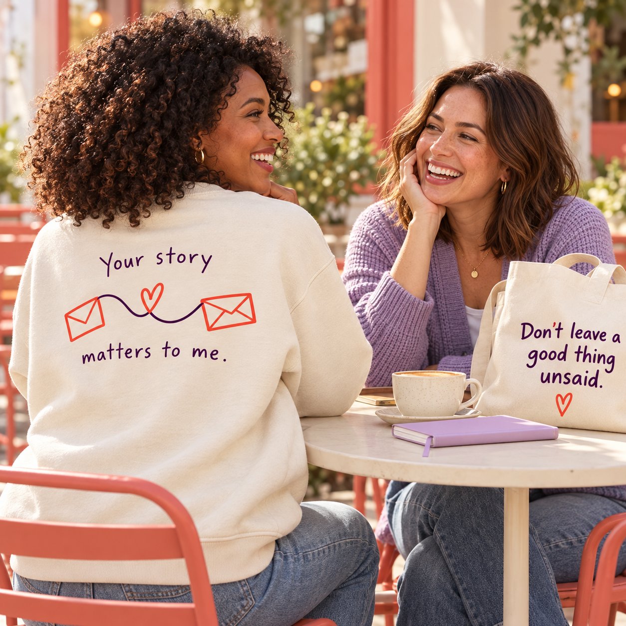 Two friends connecting over coffee, with a statement sweatshirt and tote