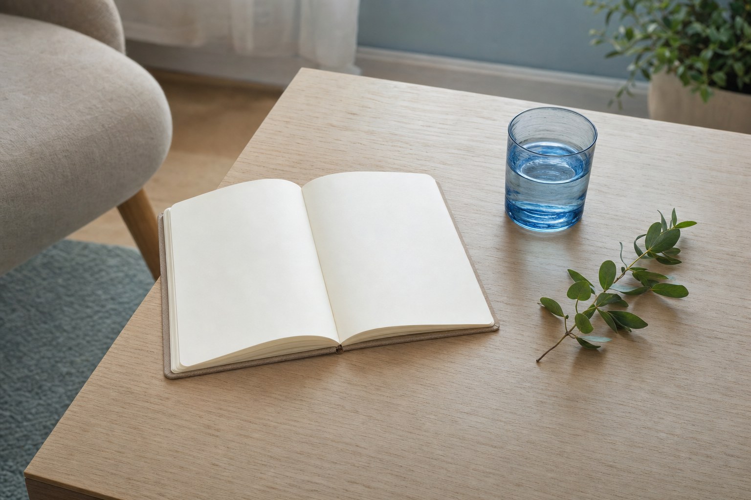 An open notebook, blue glass, and a green sprig in a calm room