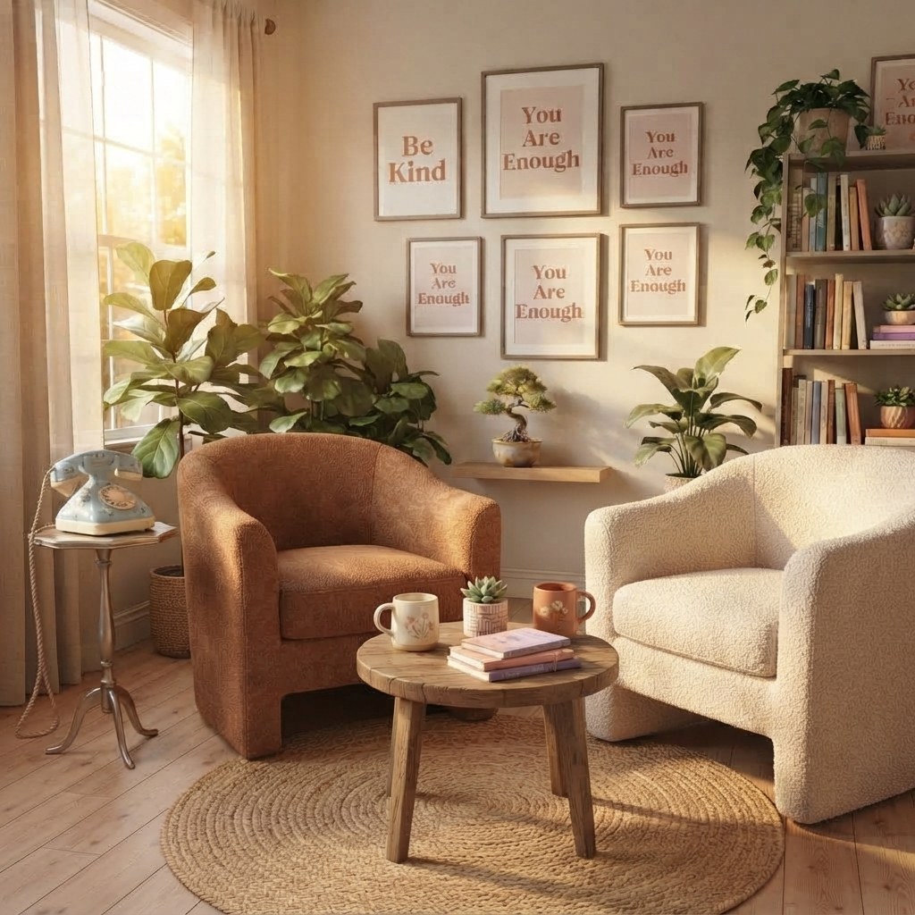 A warm therapy room with two chairs, plants, and natural window light