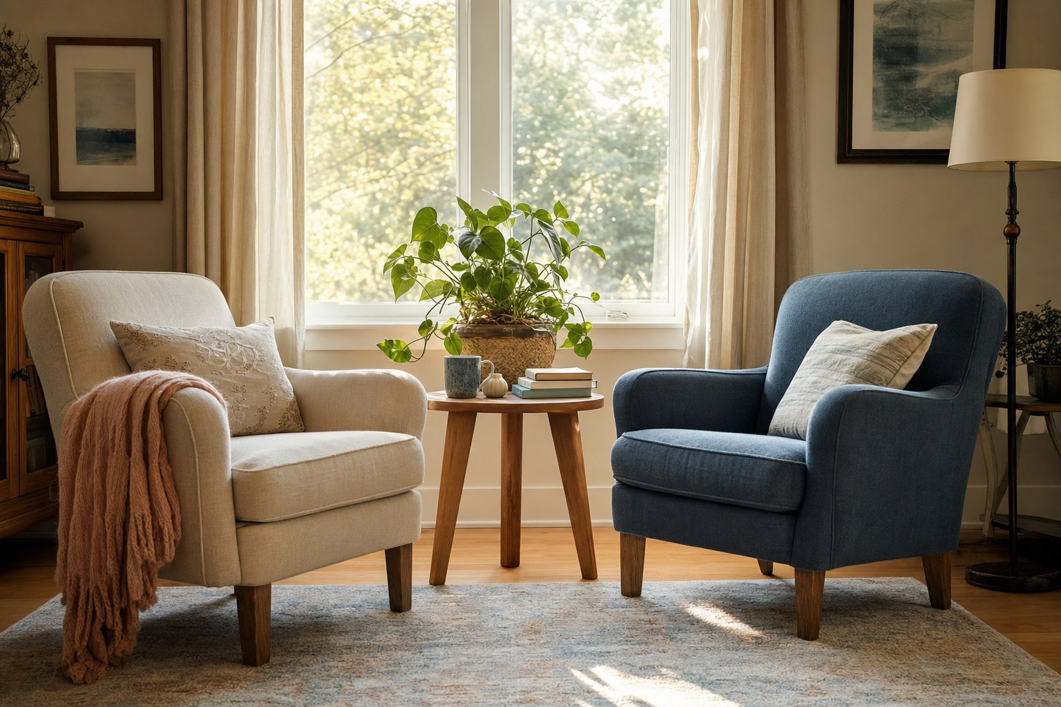 Two empty chairs facing each other near a bright window and a leafy plant
