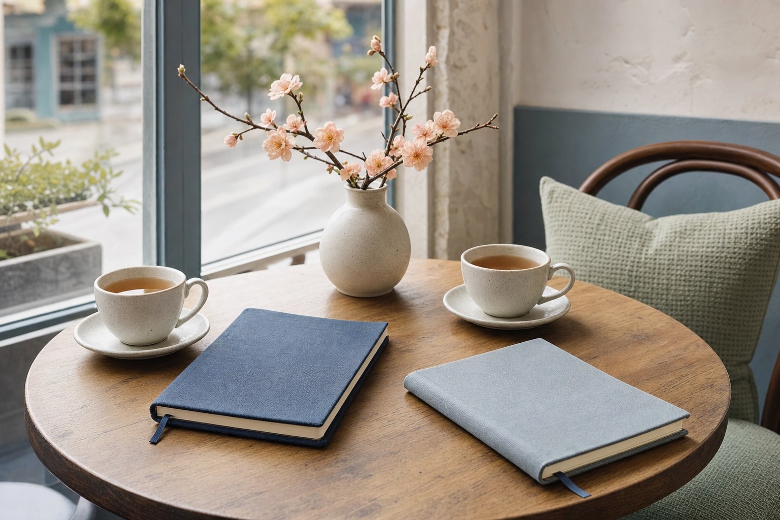 Two tea cups and notebooks on a sunlit cafe table