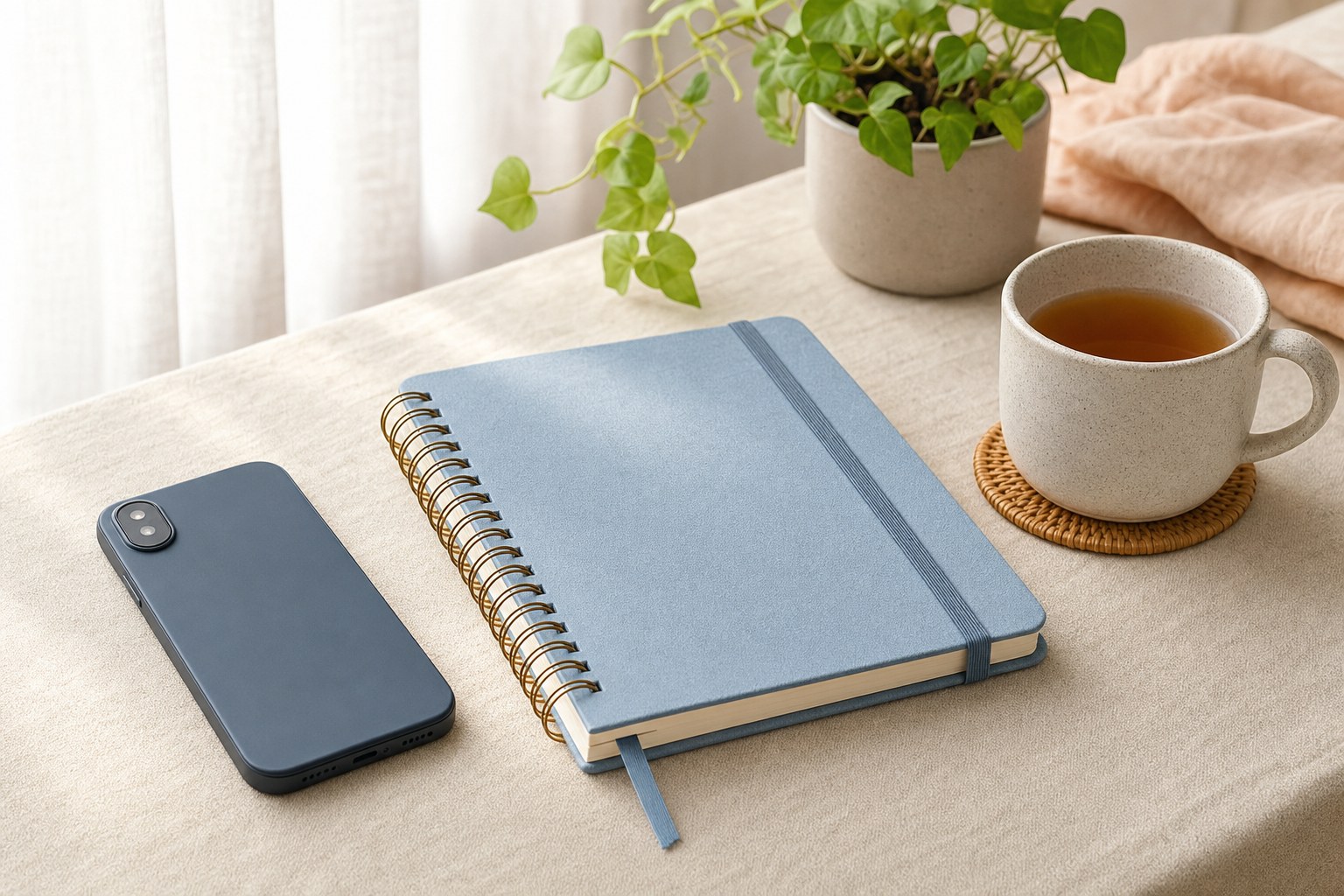 A phone, notebook, tea, and houseplant on a calm desk