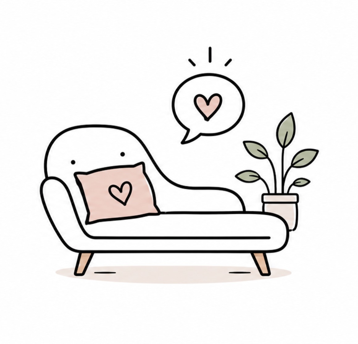 A peaceful therapy room illustration with a couch, heart, and plant