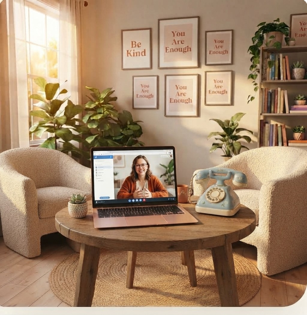 Uma sessão de terapia online em um ambiente acolhedor