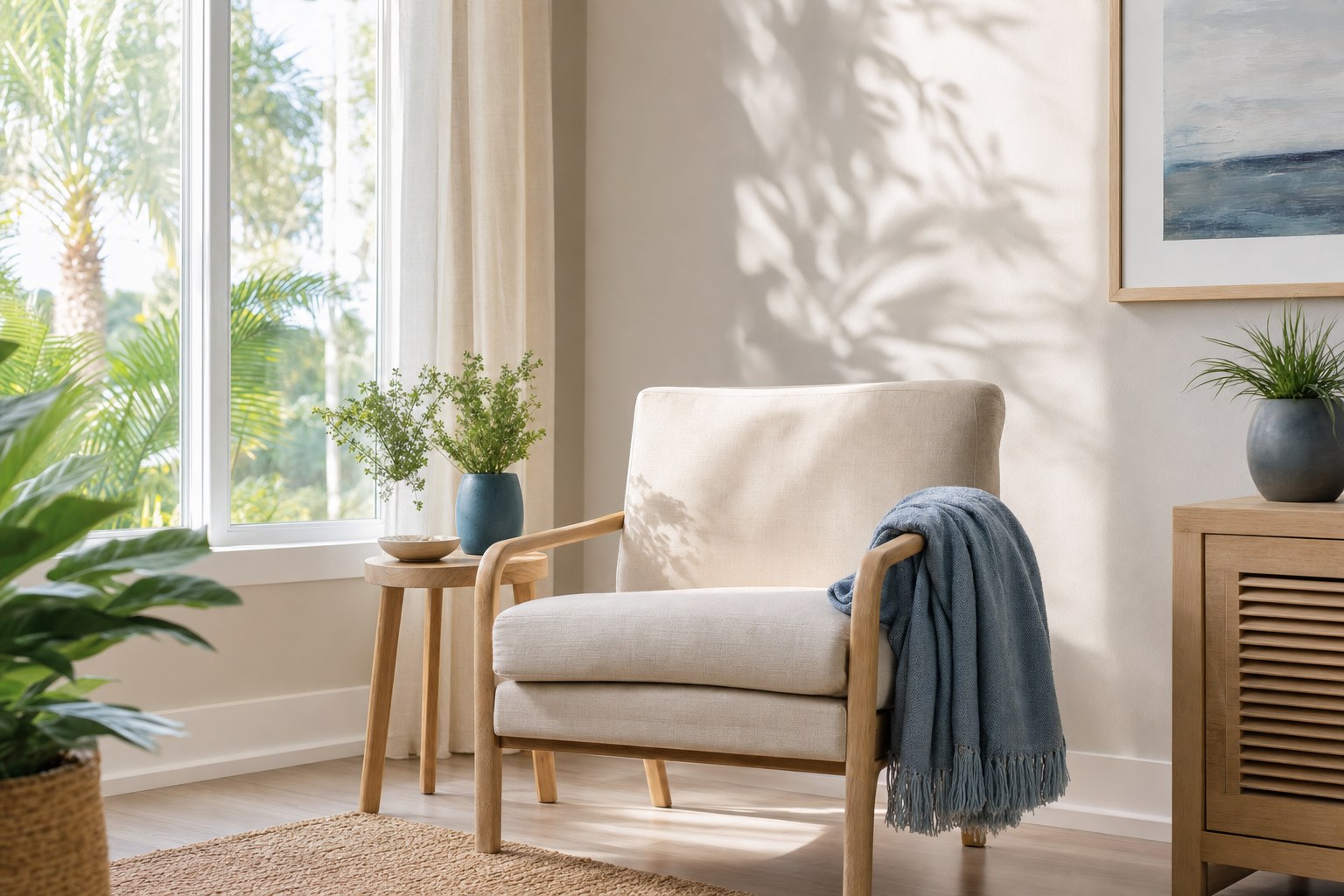 A calm reading chair in a bright, inviting room