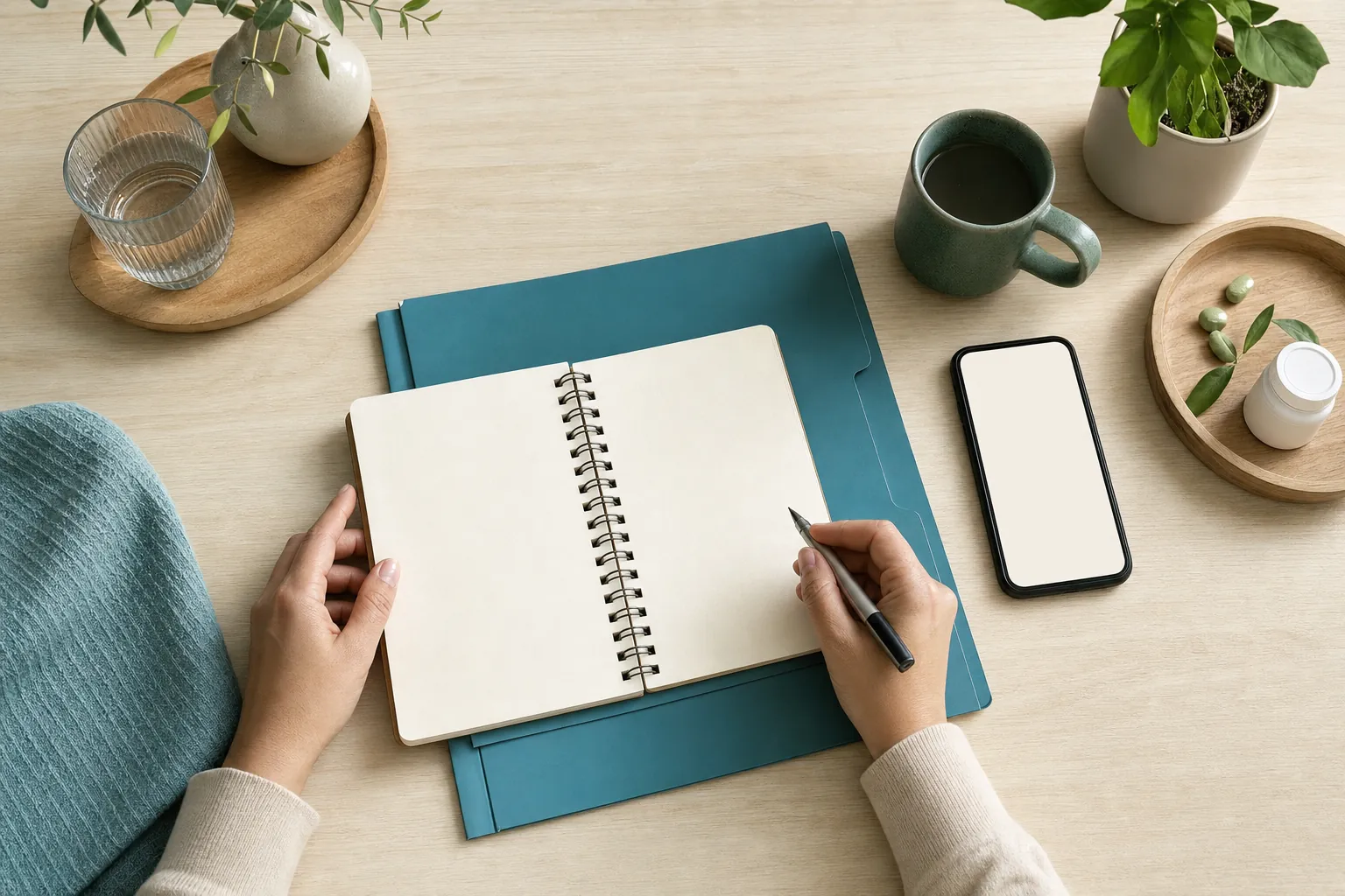 Person organizing a blank notebook and folder beside a phone on a tidy desk