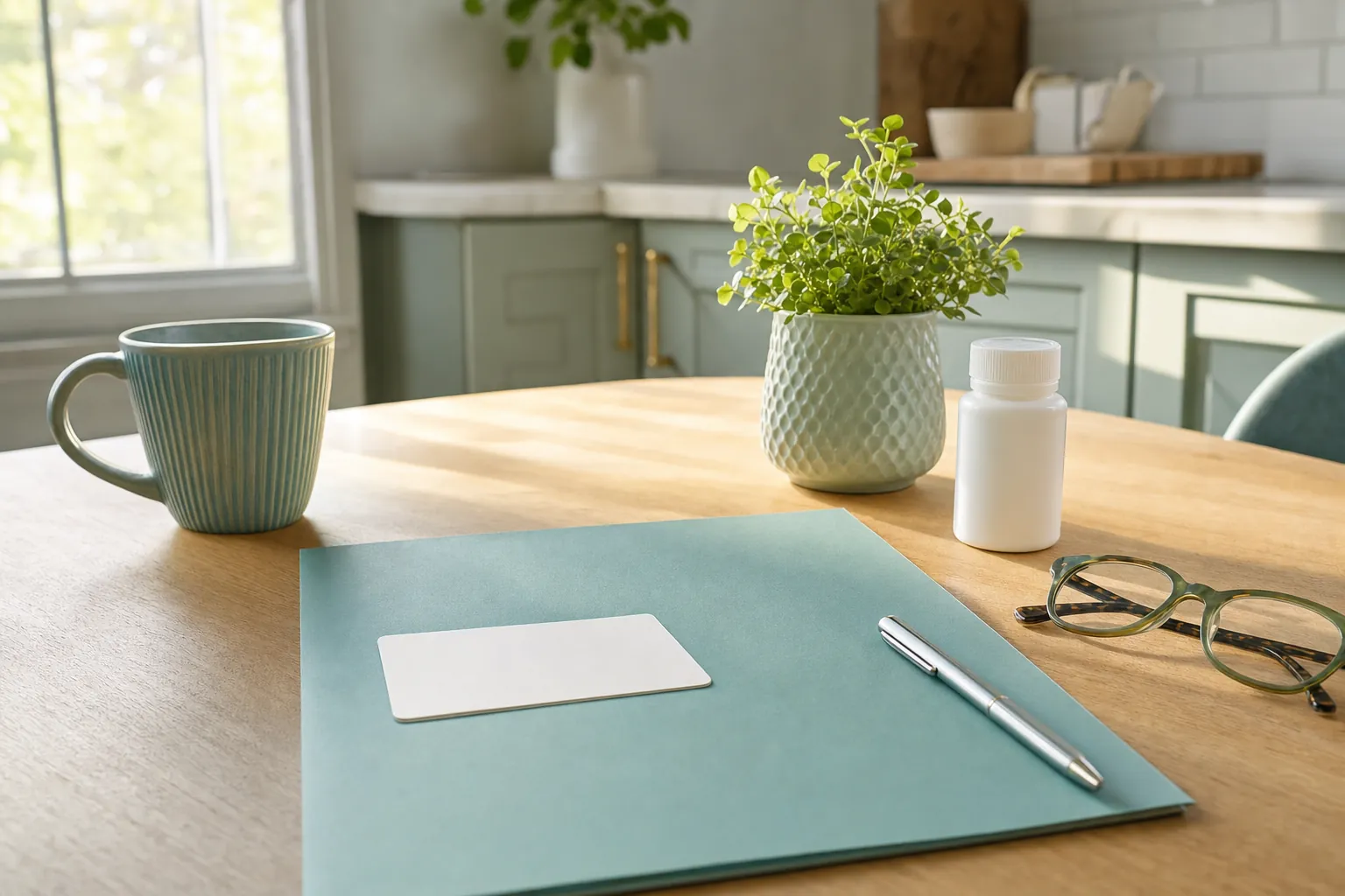 Folder, blank card, prescription bottle, and eyeglasses on a sunlit table