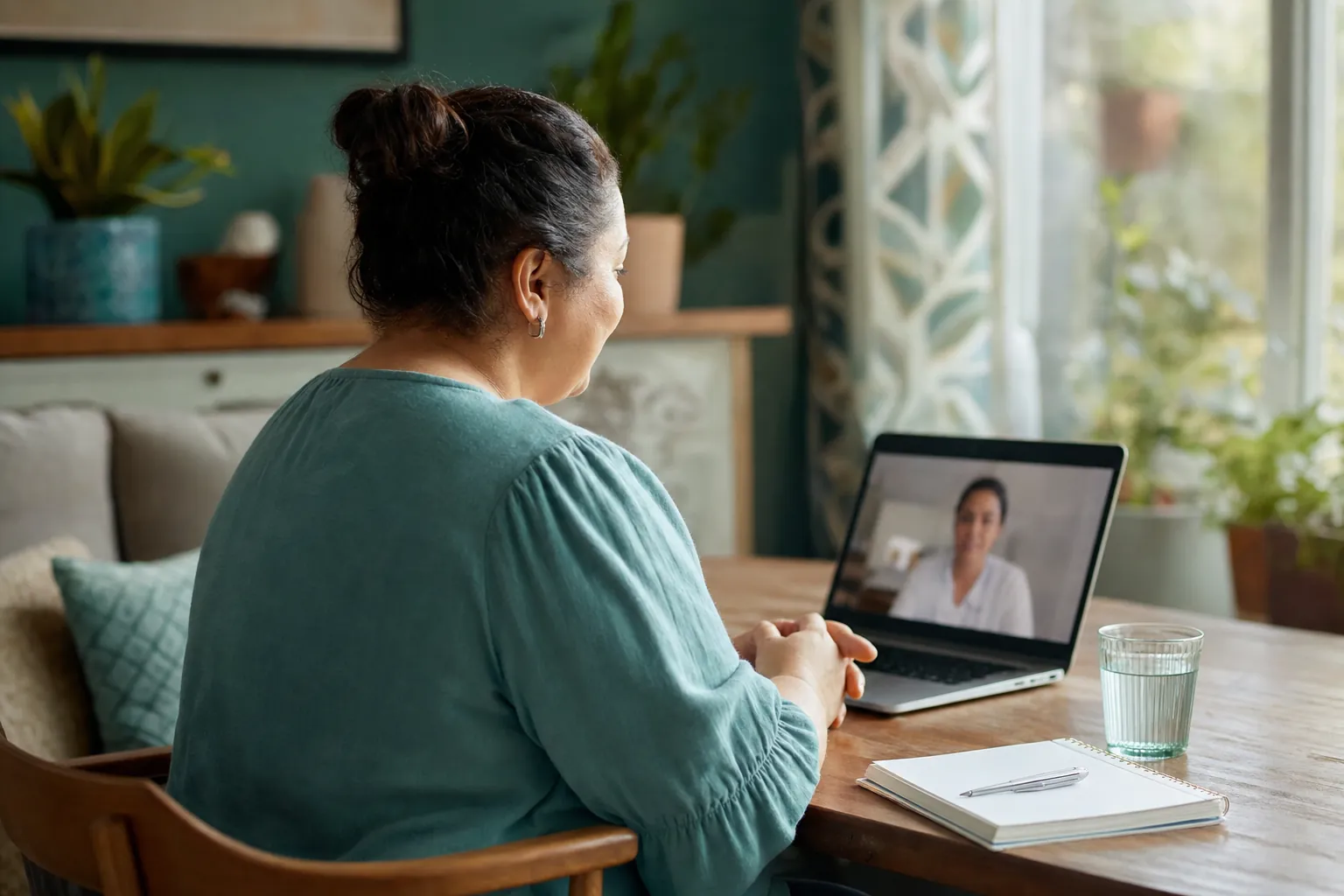 Patient speaking with a clinician during a telehealth appointment at home