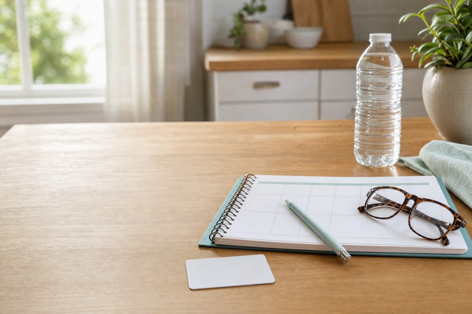 Blank insurance card, weekly planner, glasses, and water on a sunlit kitchen table