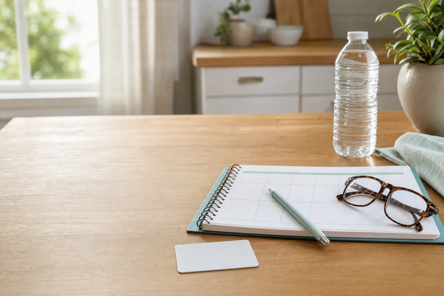Blank insurance card, weekly planner, glasses, and water on a sunlit kitchen table