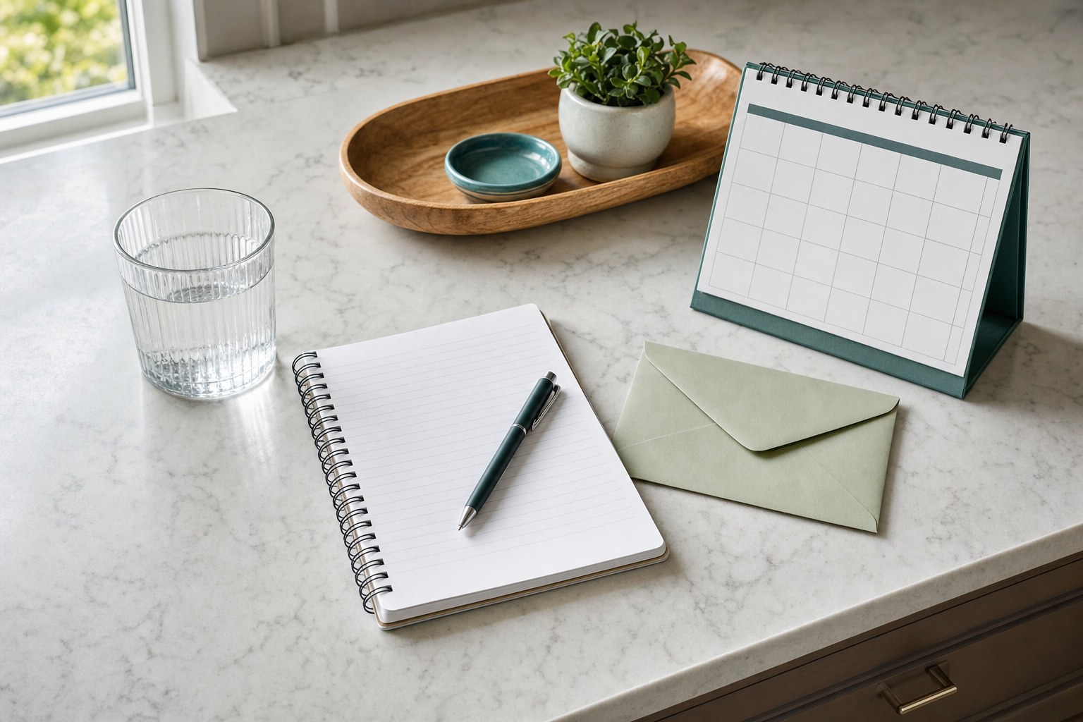 Blank notebook, calendar, envelope, and water arranged on a kitchen counter