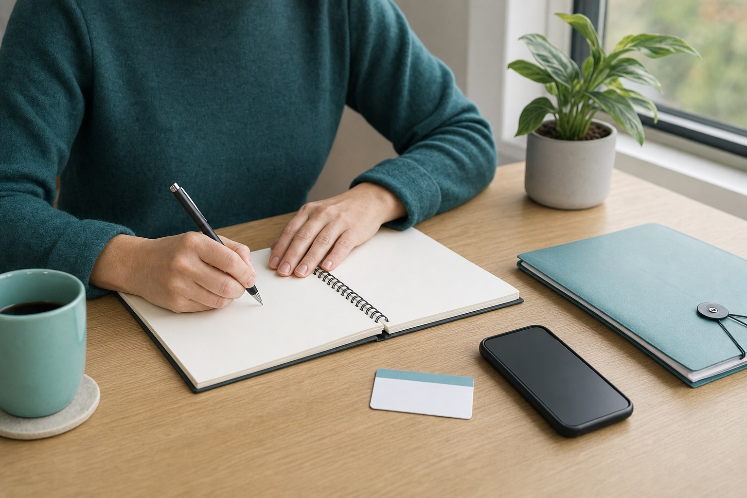 Person writing questions in a blank notebook beside a phone and generic insurance card