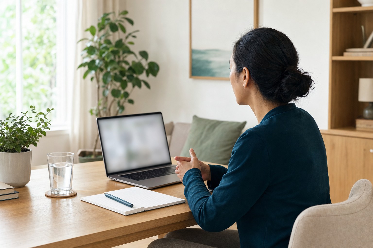 Patient speaking during a private telehealth visit from a home desk