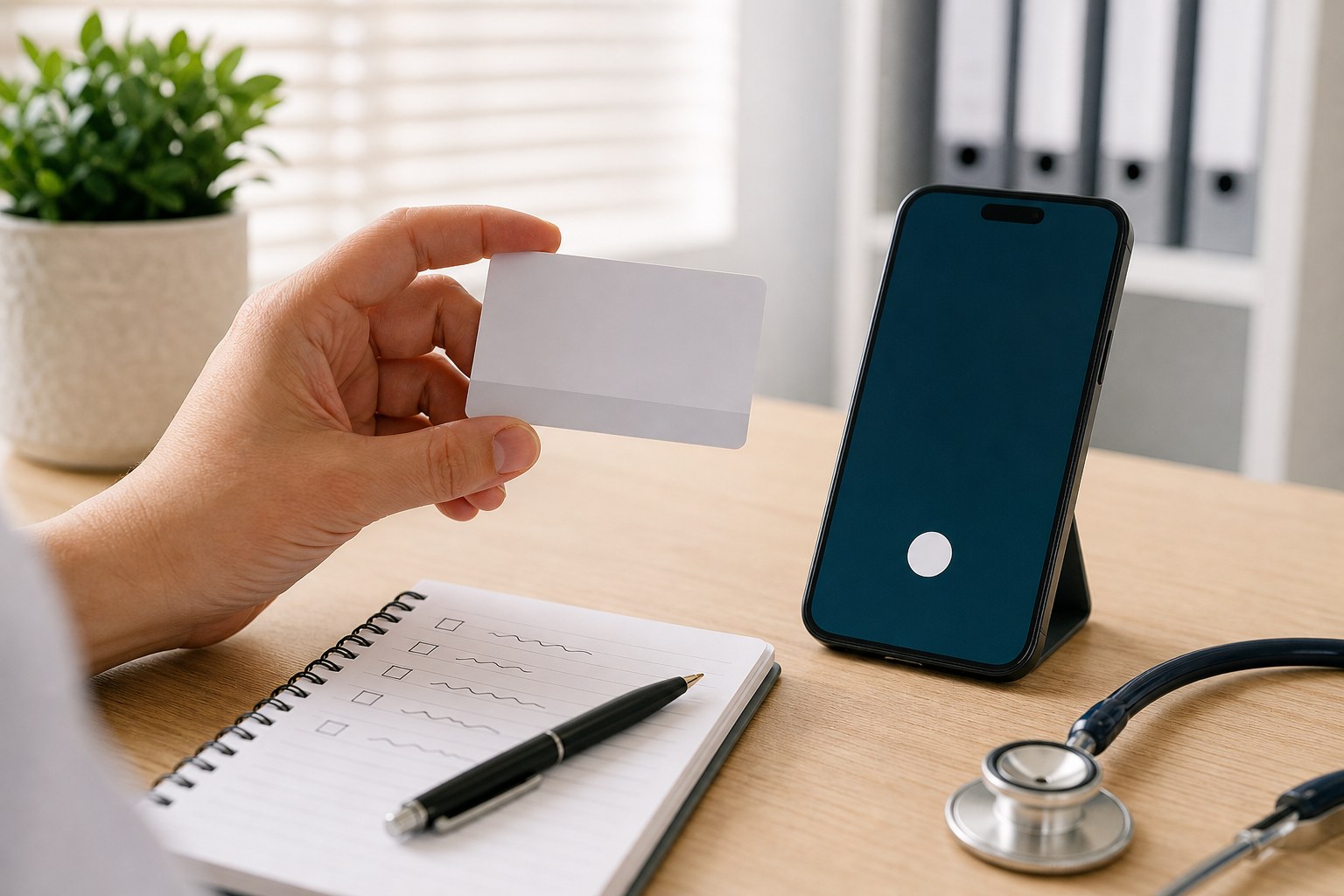 Person holding a blank health-plan card beside a phone and coverage checklist