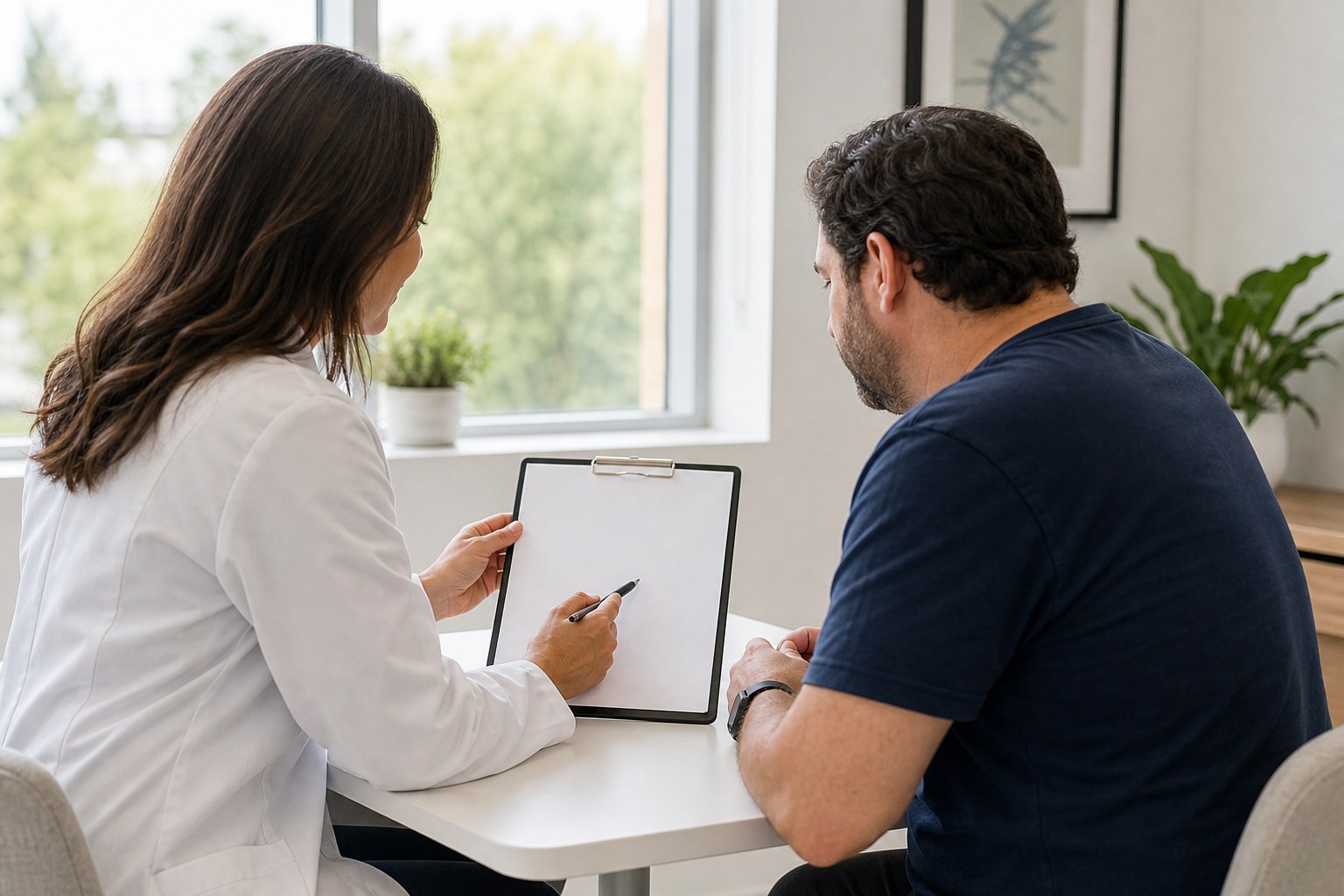 Clinician and patient reviewing a blank care plan during a private consultation