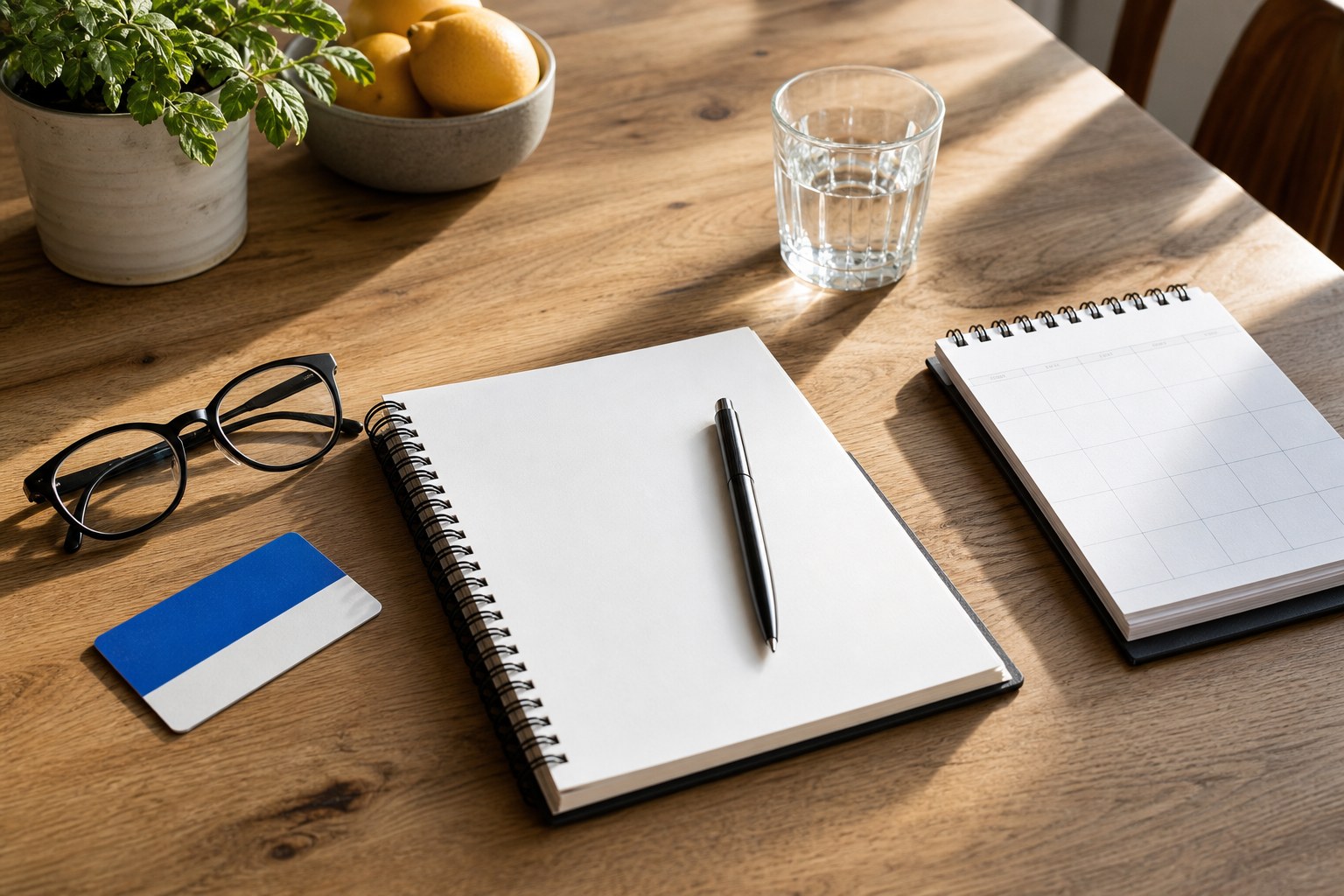 Blank notebook, planner, glasses, and a generic blue health-plan card on a sunlit table