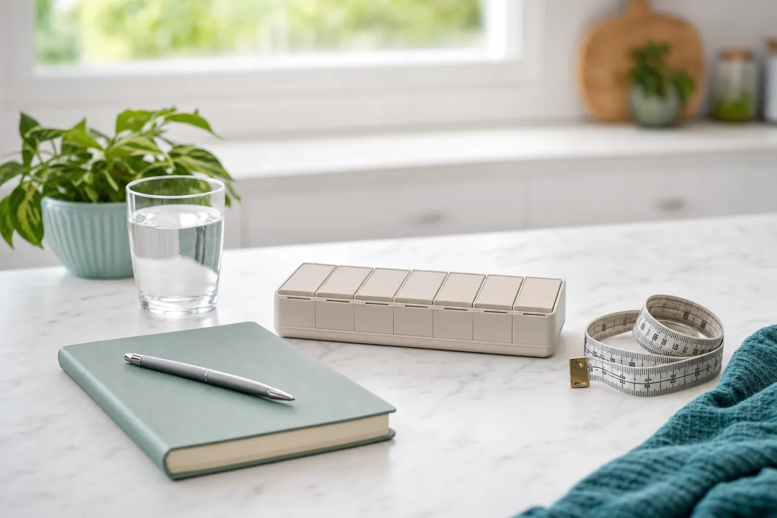 Notebook, water, weekly organizer, and measuring tape on a kitchen counter