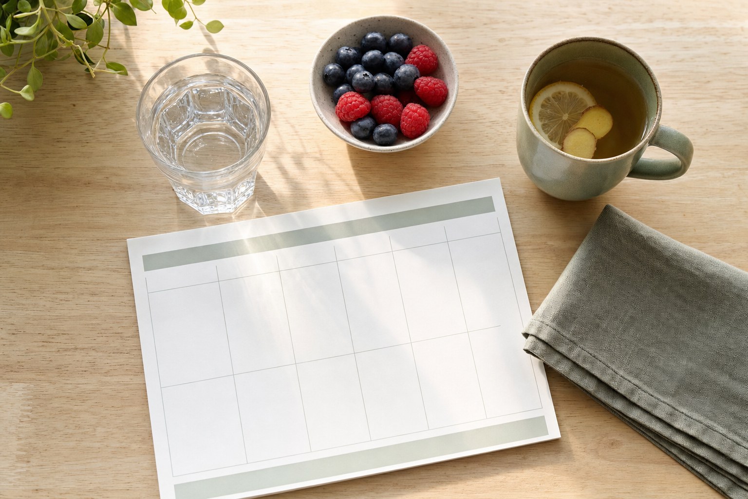 Blank weekly planner, water, berries, and ginger tea on a sunlit table