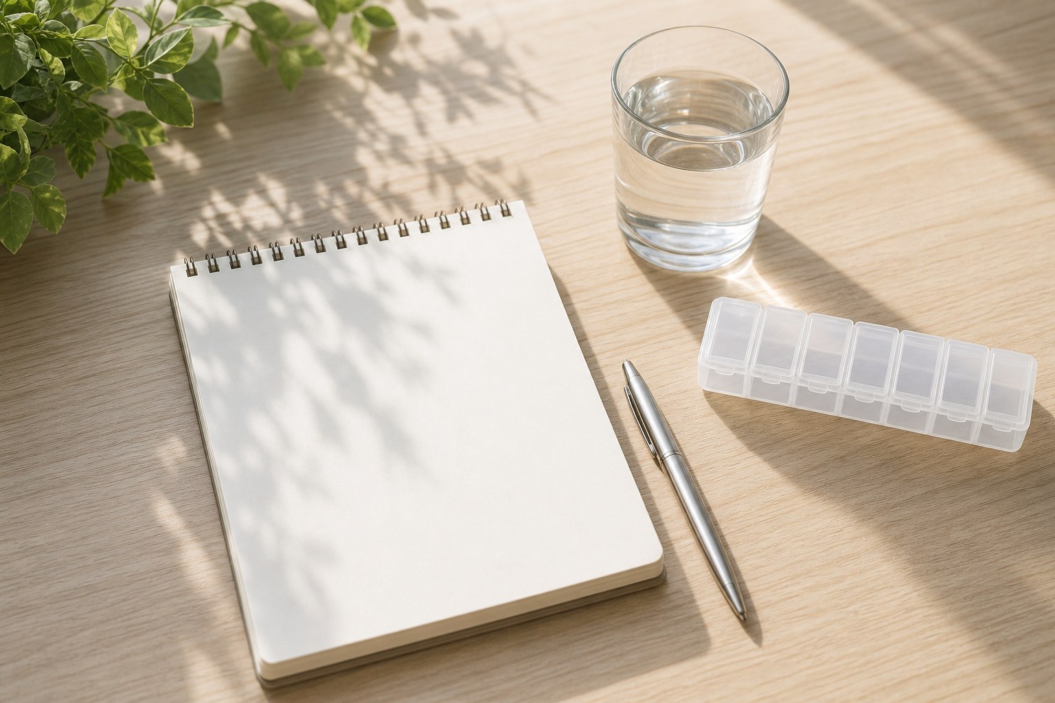 Blank consultation notebook, water, pill organizer, and pen on a sunlit table
