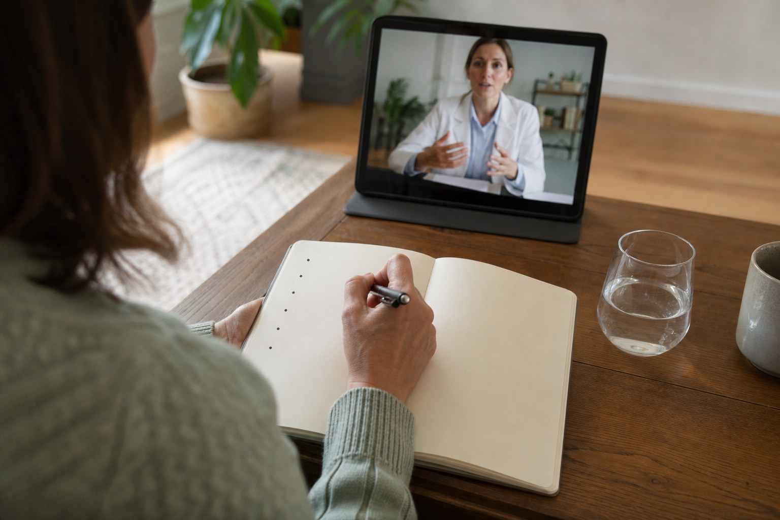 Patient taking notes during a telehealth visit