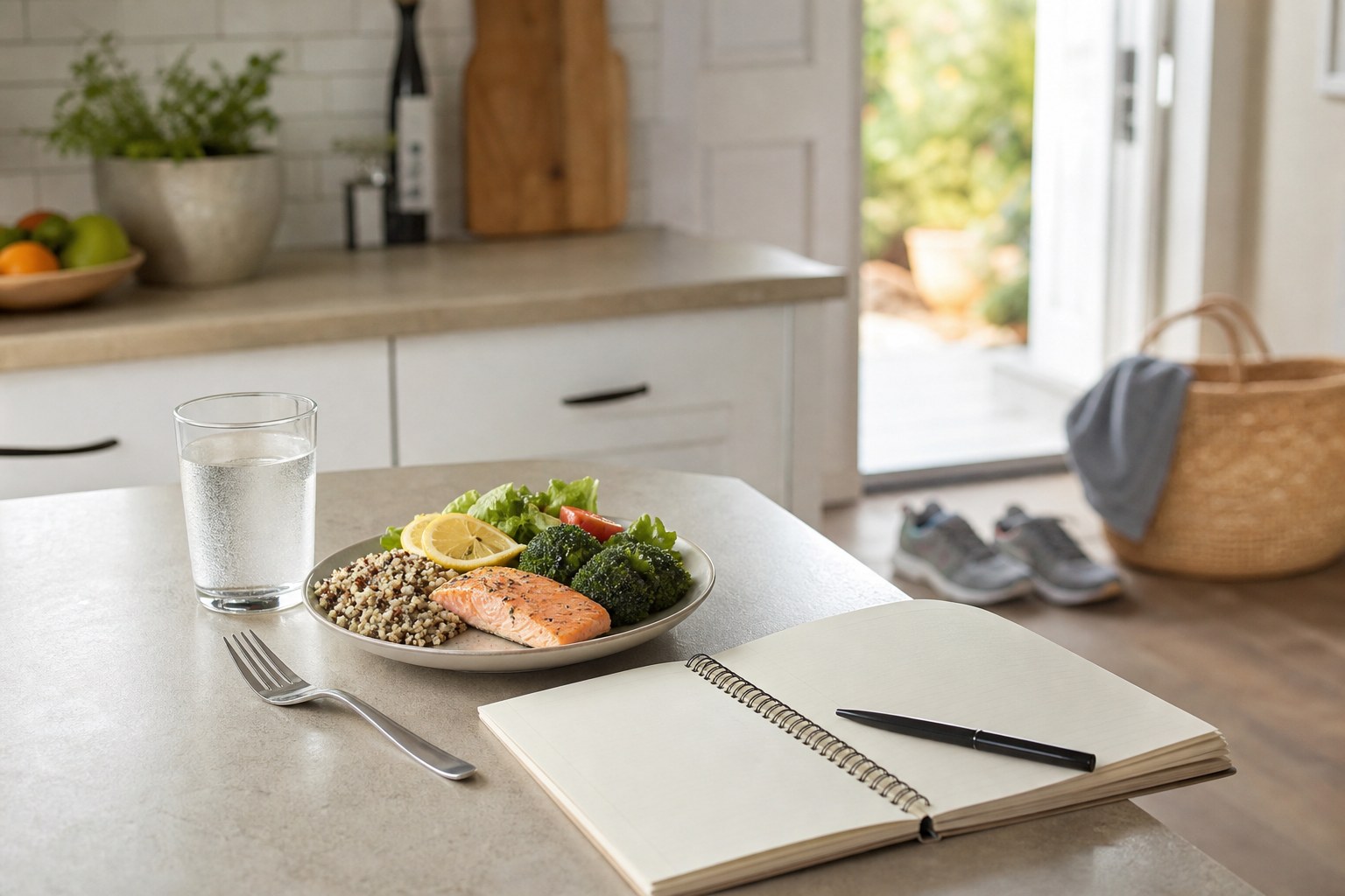 Balanced meal, water, walking shoes, and a planner in a home kitchen