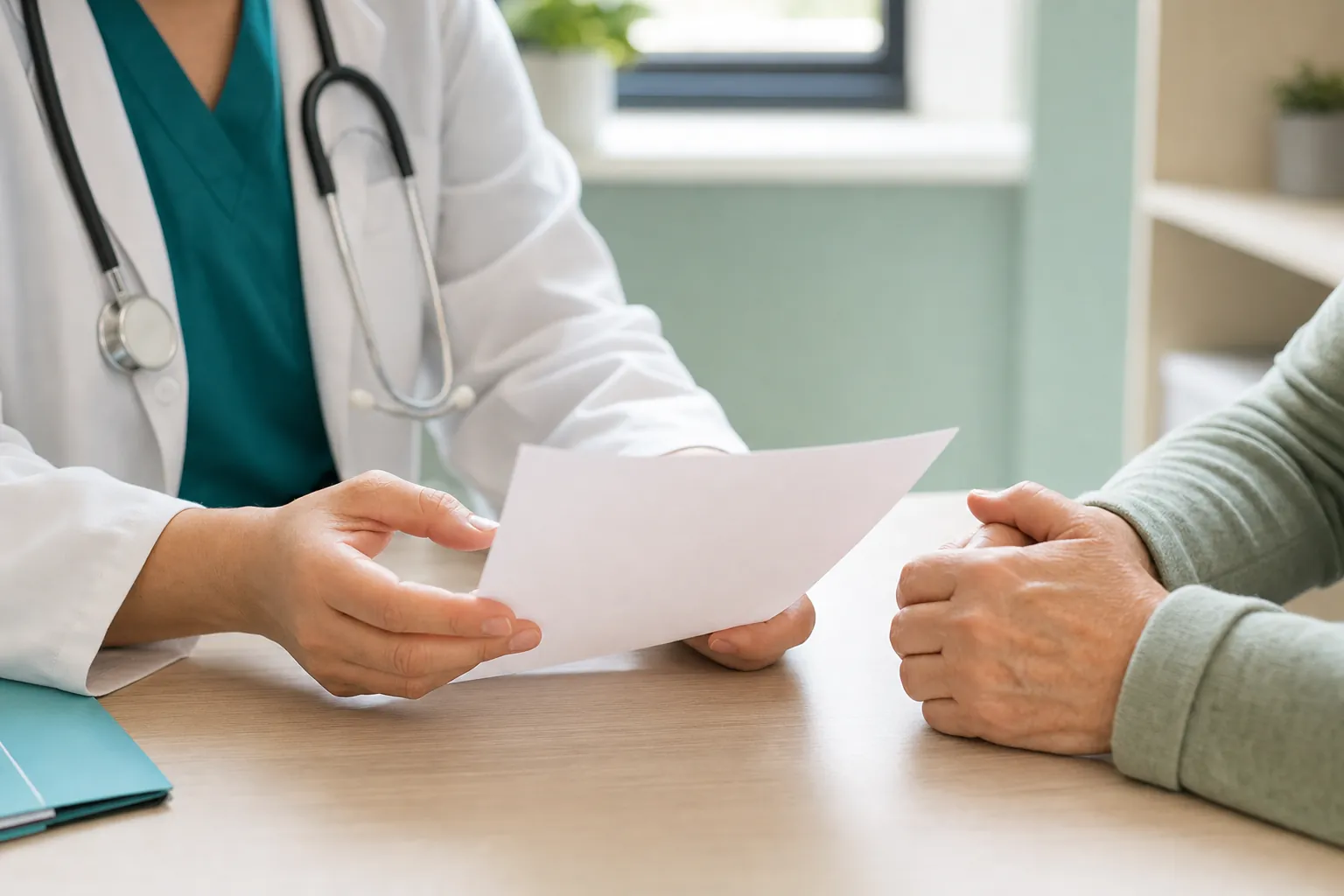 Clinician and patient reviewing a care plan together across a desk