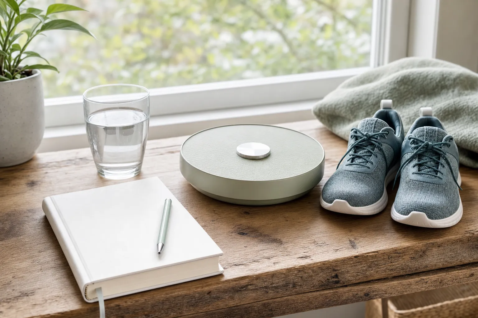 Blank journal, glass of water, walking shoes, and a simple scale by a window