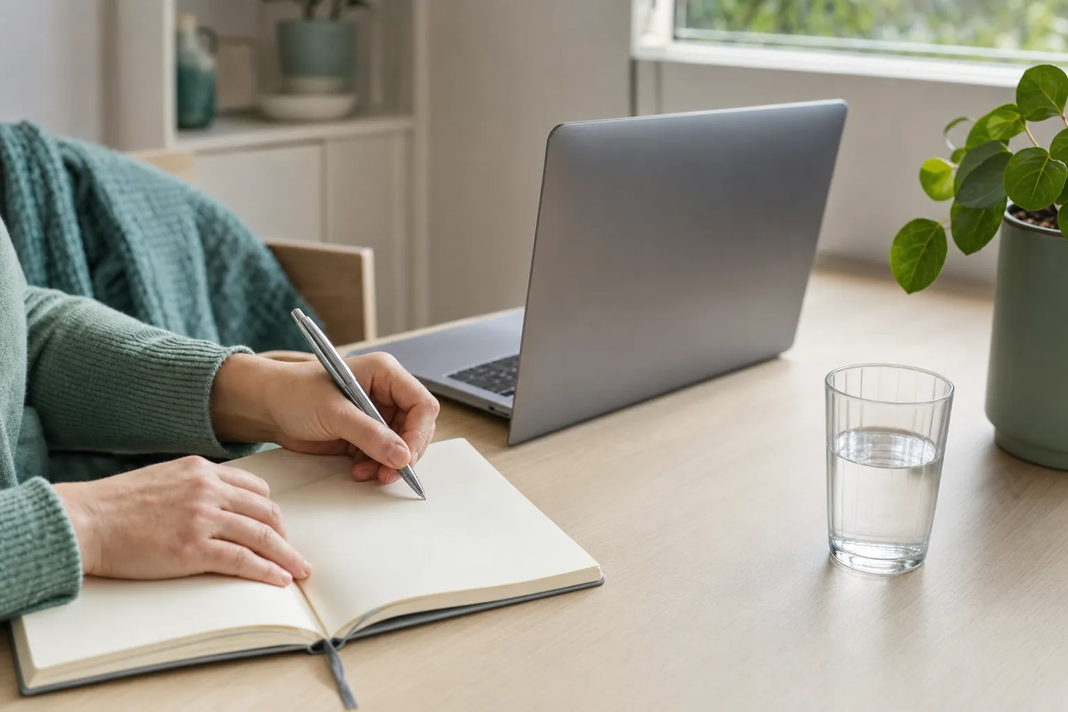Person writing questions in a blank notebook beside a laptop and glass of water