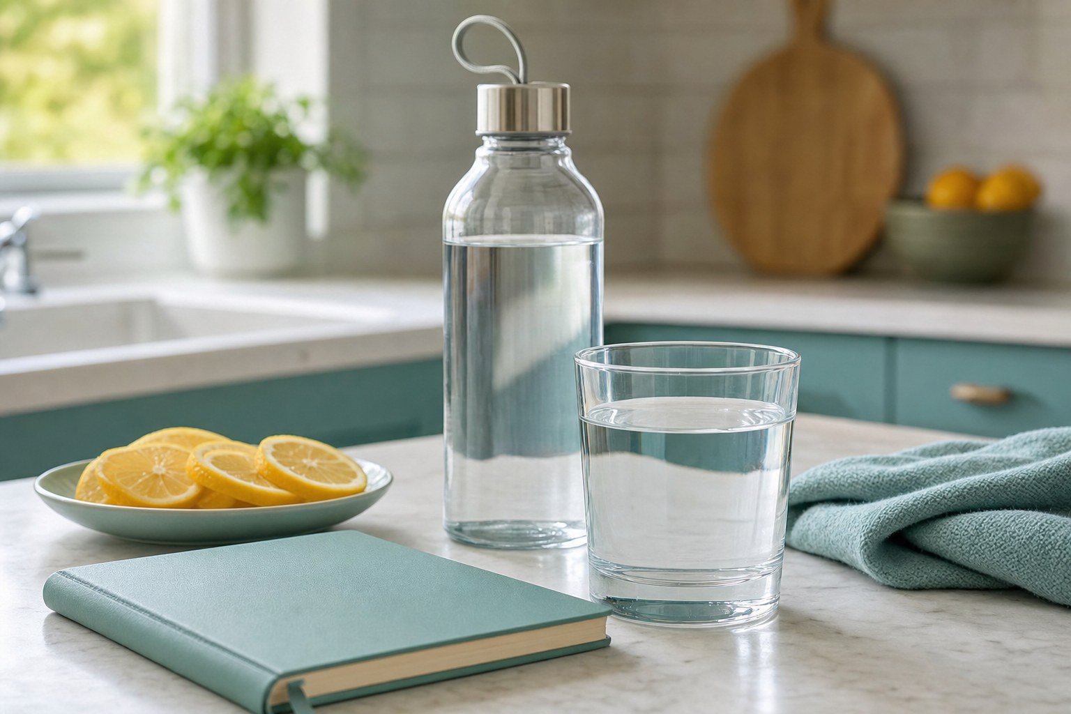 Glass of water, refillable bottle, lemon slices, and a blank notebook on a kitchen counter
