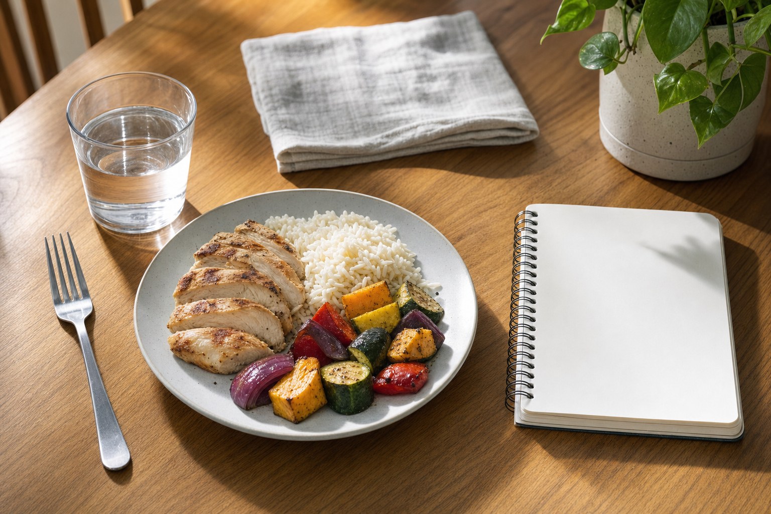 Simple plate with chicken, rice, and vegetables beside water and a blank notebook