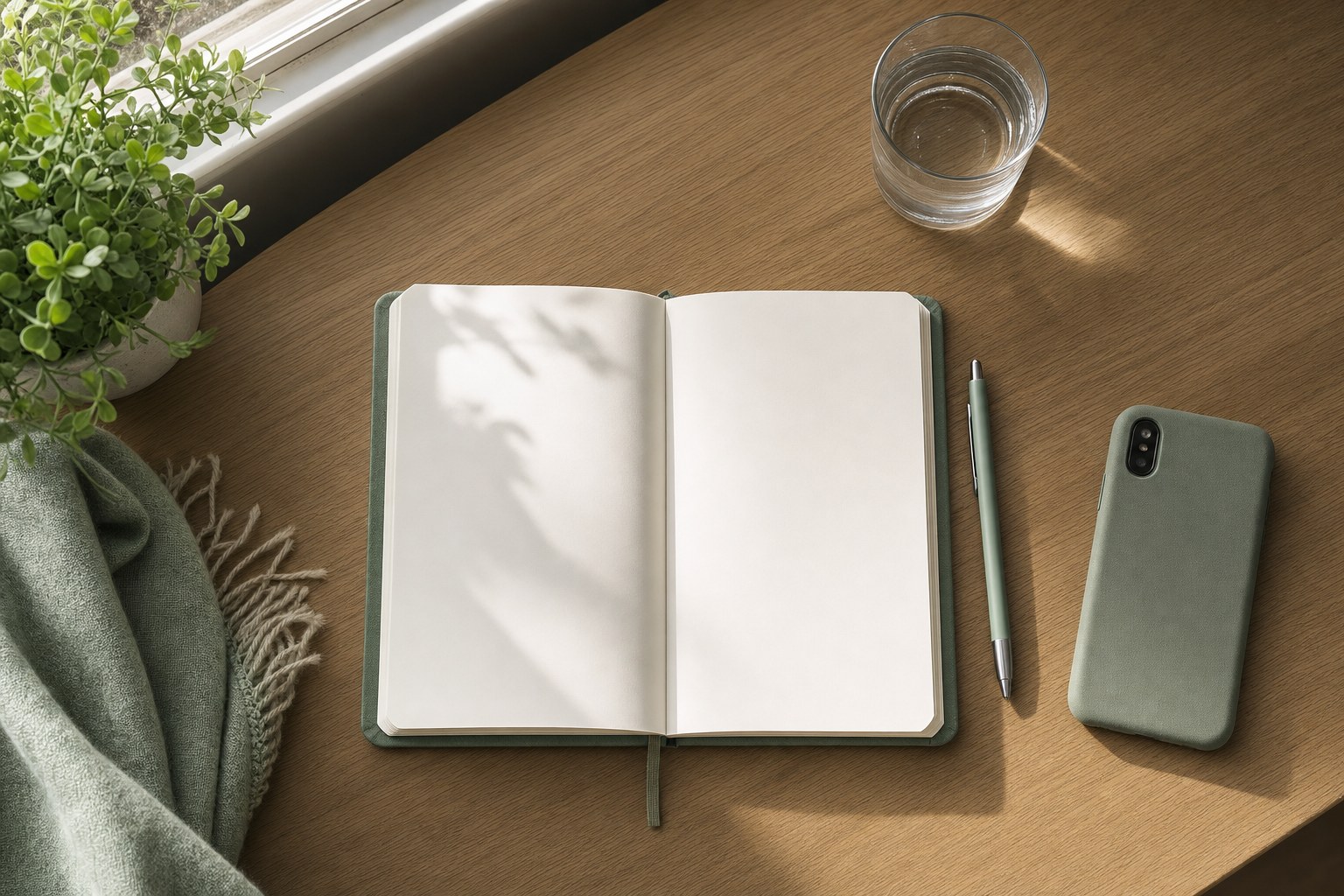 Open blank notebook, pen, phone, and water on a sunlit desk