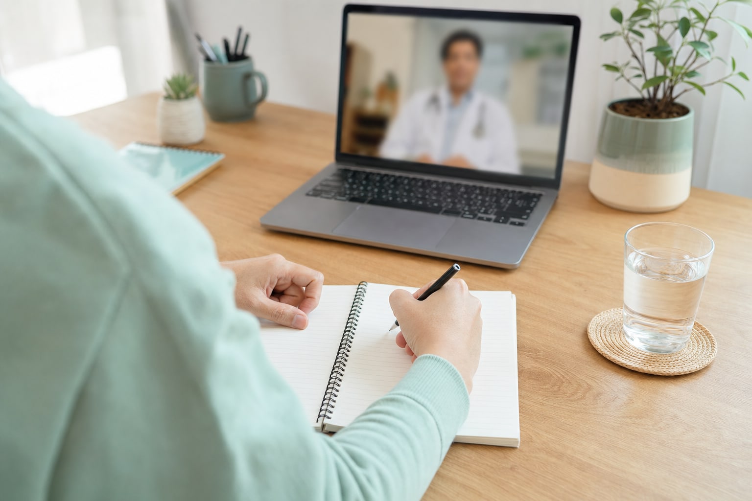 Person writing questions in a notebook during a telehealth check-in, with a glass of water on the desk