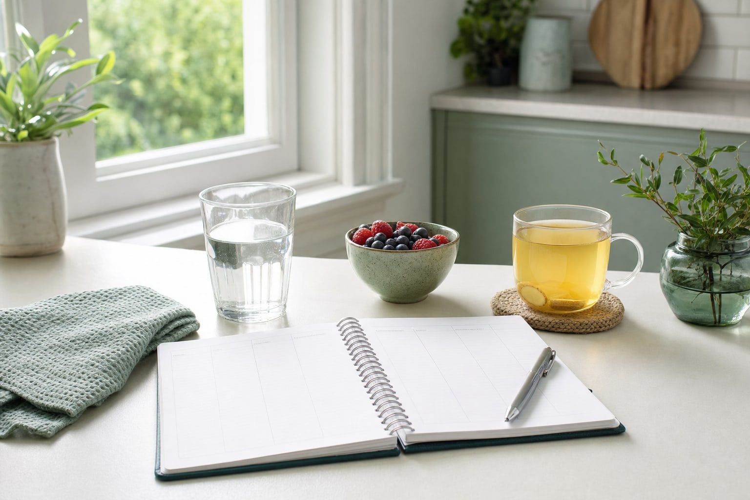 Blank weekly planner, water, berries, and ginger tea on a sunlit kitchen table