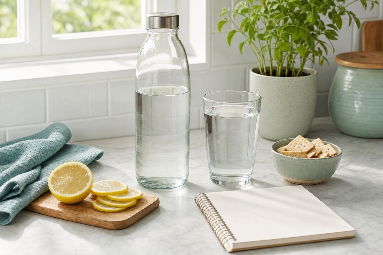 Water bottle, glass of water, lemon slices, crackers, and a blank notebook on a sunlit kitchen counter
