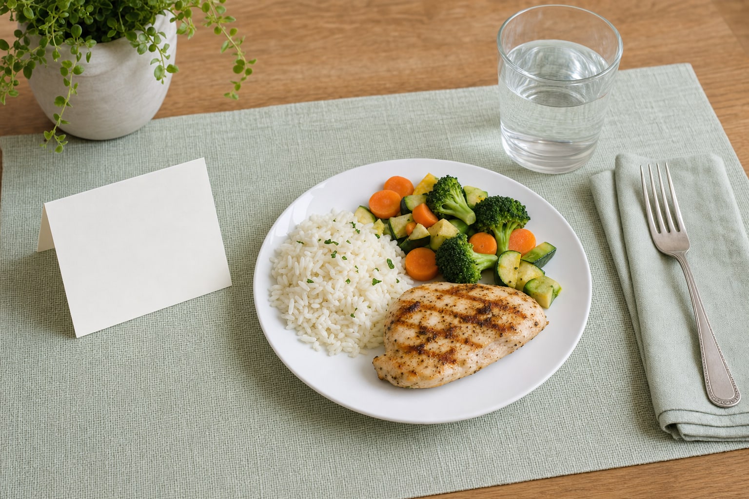 Simple plate with chicken, rice, vegetables, water, and a blank note on a dining table